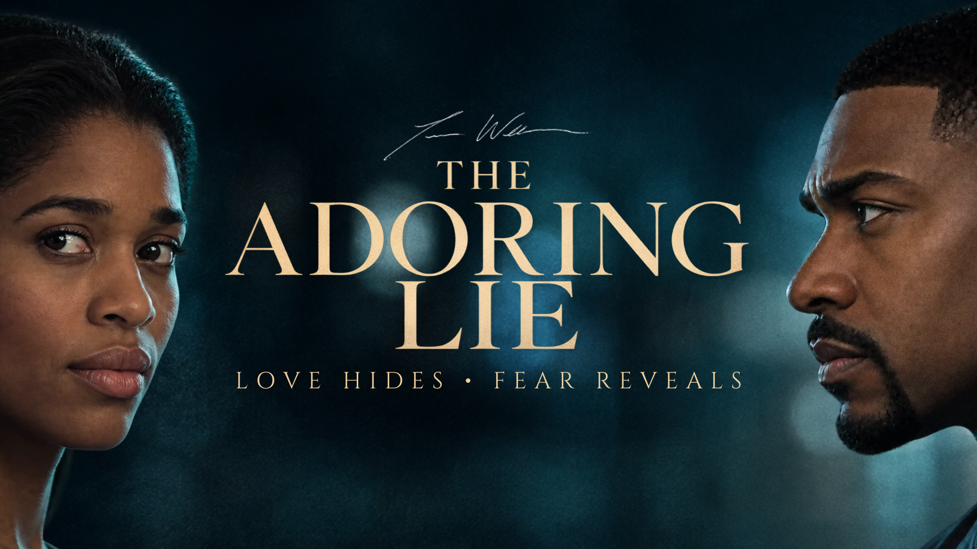 The Adoring Lie official landscape artwork, featuring Nia and a man facing one another with the title Love Hides, Fear Reveals