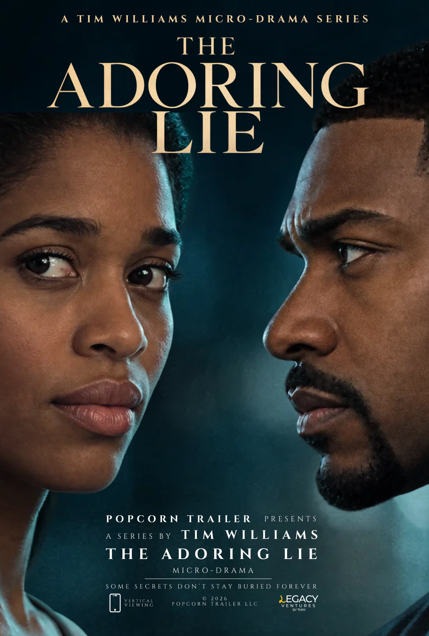 Official portrait poster for The Adoring Lie, a Tim Williams micro-drama series, featuring Nia and a man